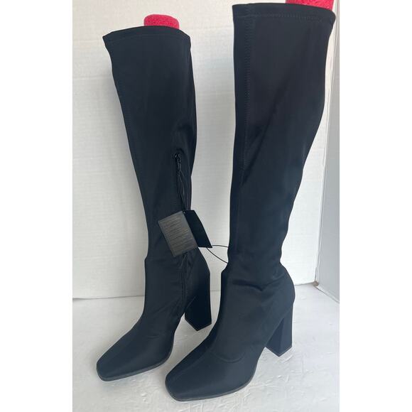 NWT Forever 21 Black Knee High Sock Block Heel Side Zip Square Toe Boots Sz 8 - Picture 1 of 13